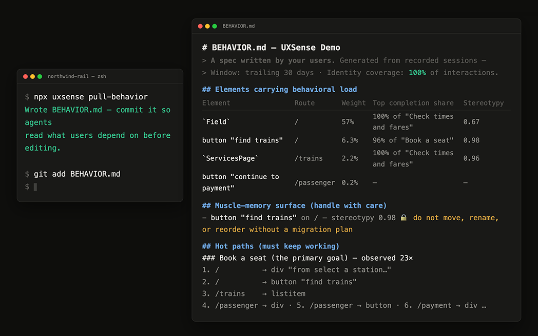 Terminal + the generated BEHAVIOR.md open in an editor