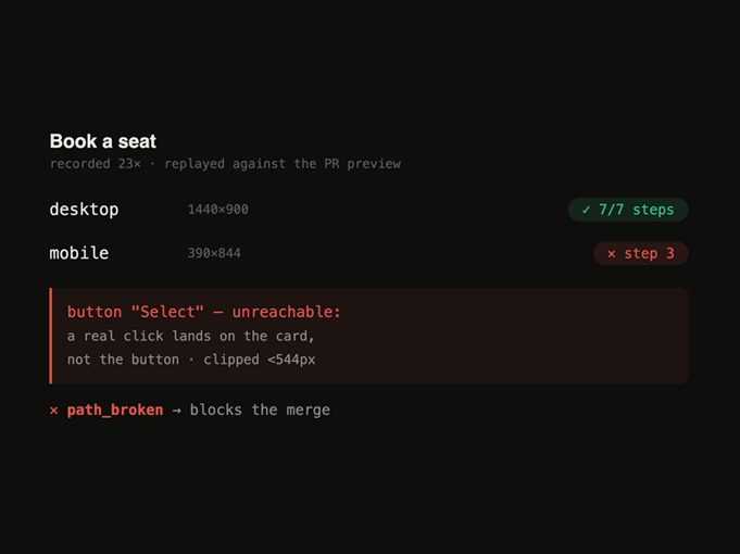 Path replay output, one failing step highlighted