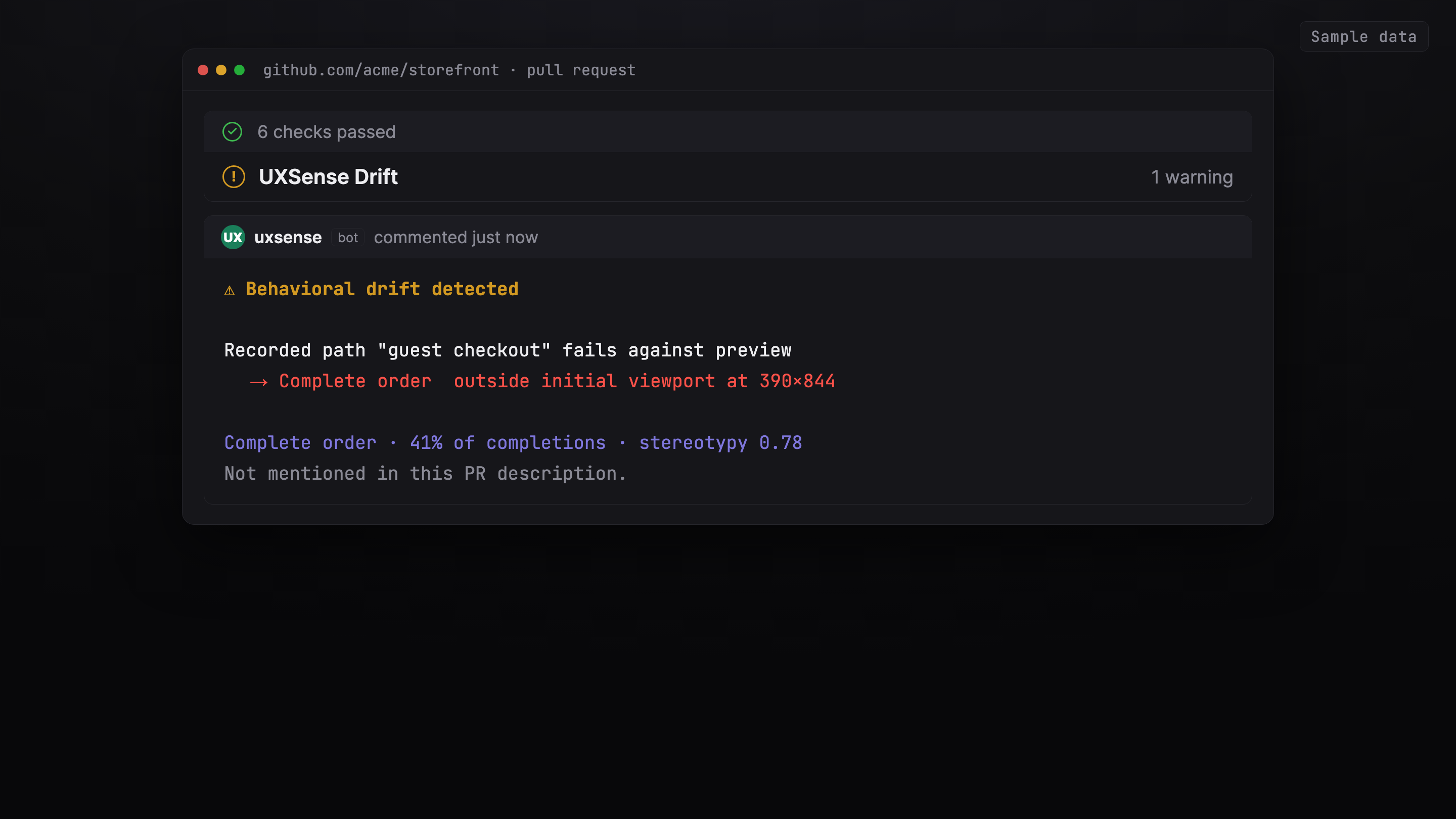 UXSense Drift check on a pull request — amber, one warning, behavioral drift detected (sample data)