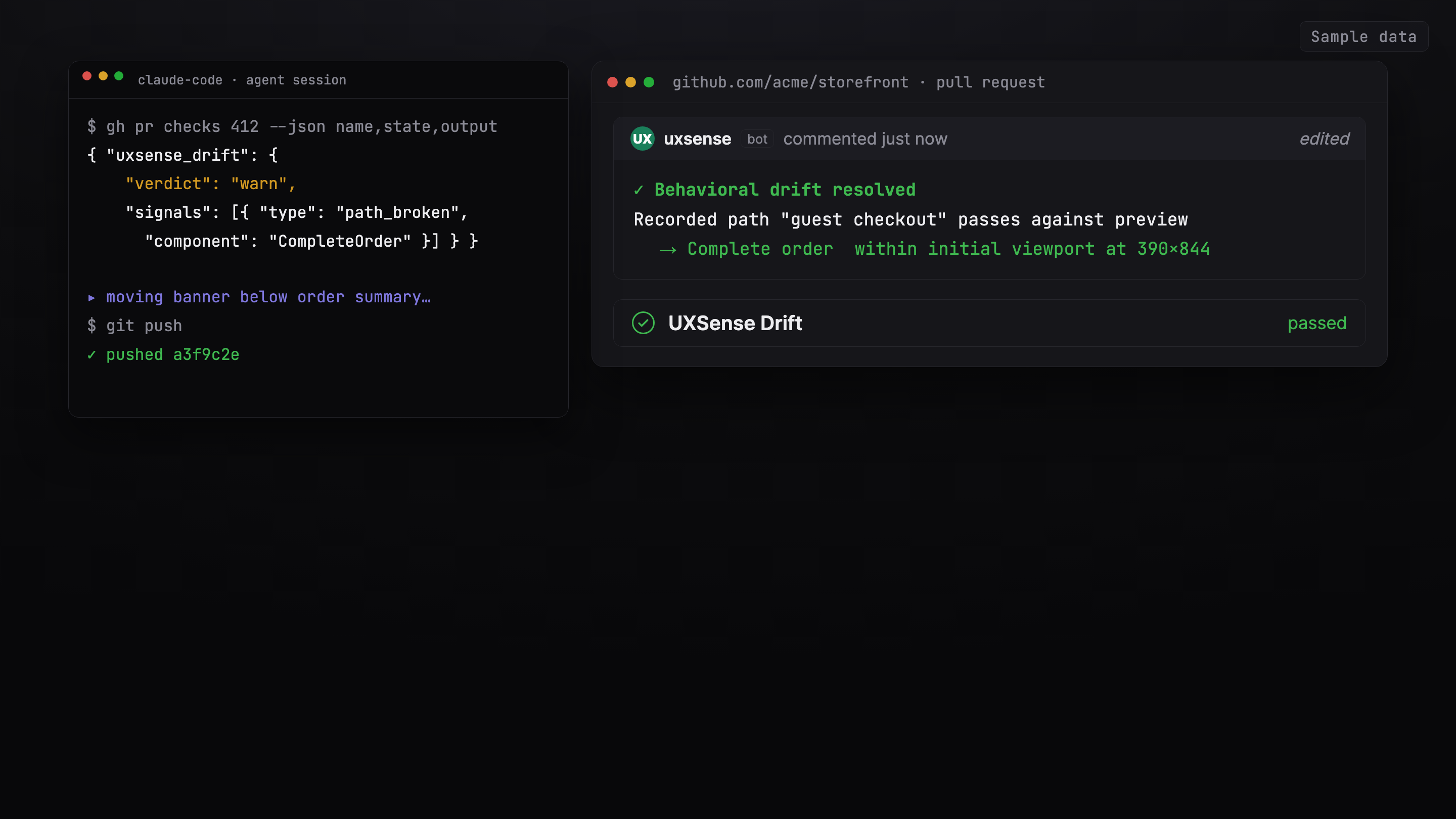 Agent terminal reading the machine-readable Drift verdict beside the pull request — the same comment edited in place and resolved to green (sample data)